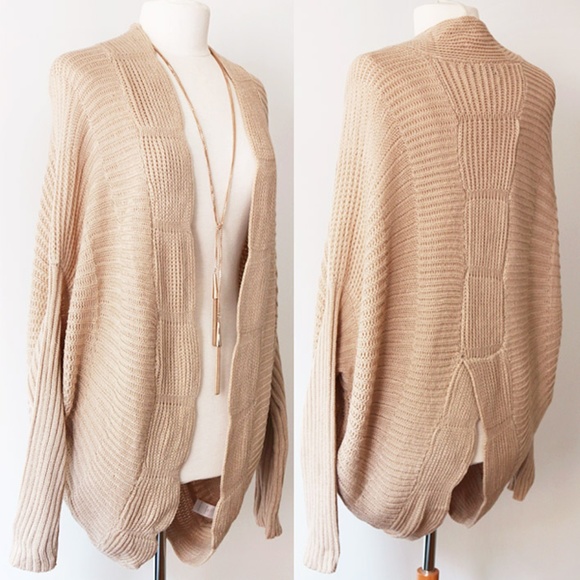 Soprano Sweaters - Beige Scallop Edge Open front Cozy Cocoon Cardigan